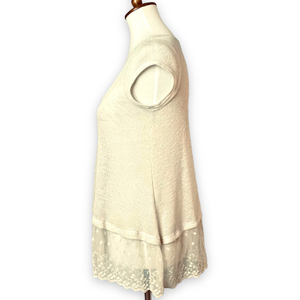 🍀 KIMCHI BLUE women's ivory scoop neck short sleeve lace blouse top size small - Picture 4 of 6